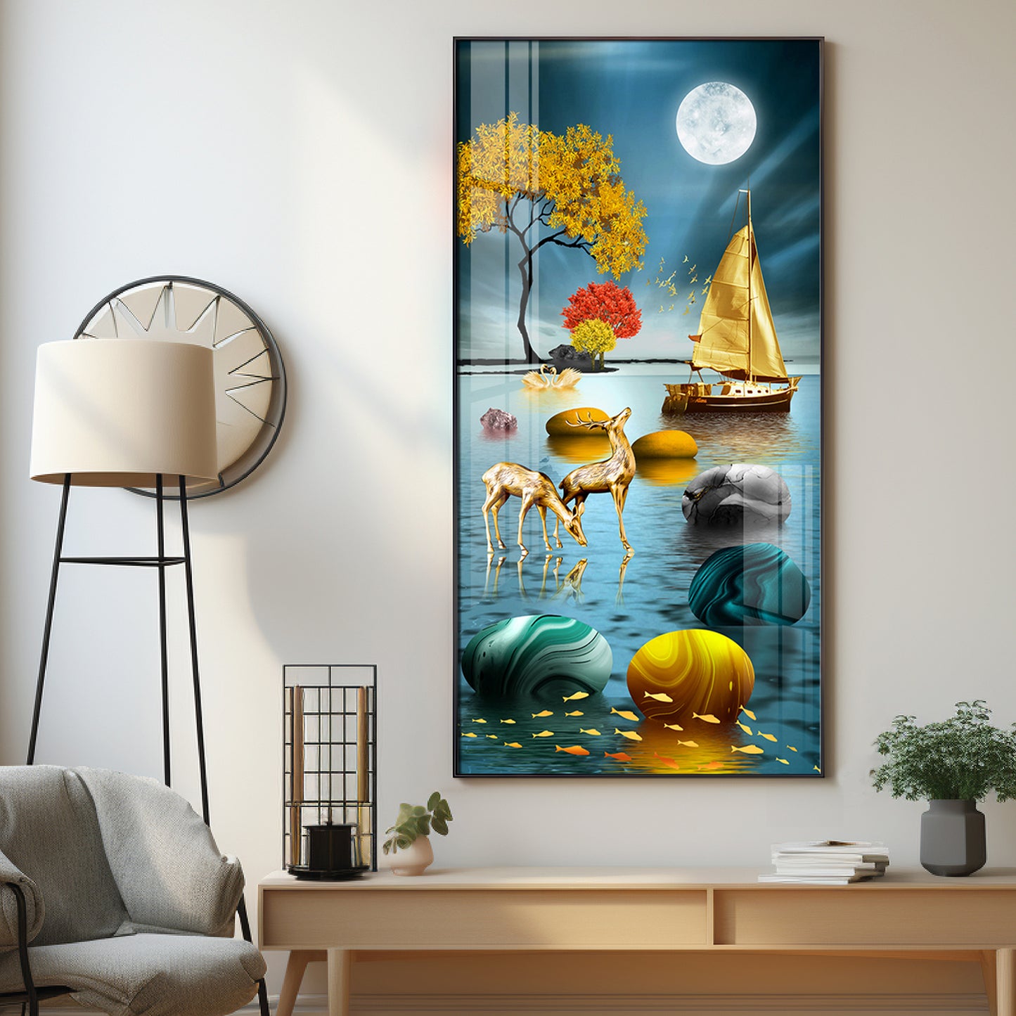 Boat and Deer Glass Finish Vertical Wall Art