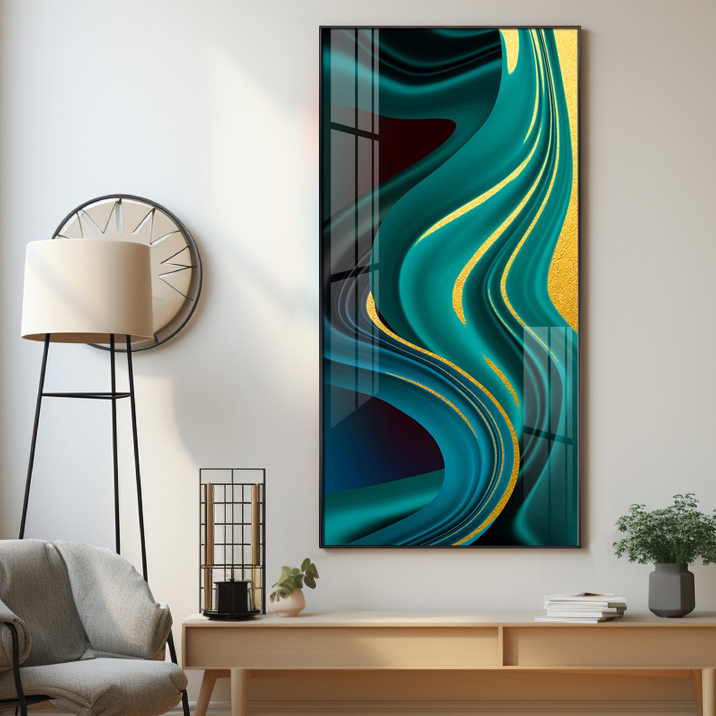 Green Abstract Art Glass Finish Vertical Wall Art