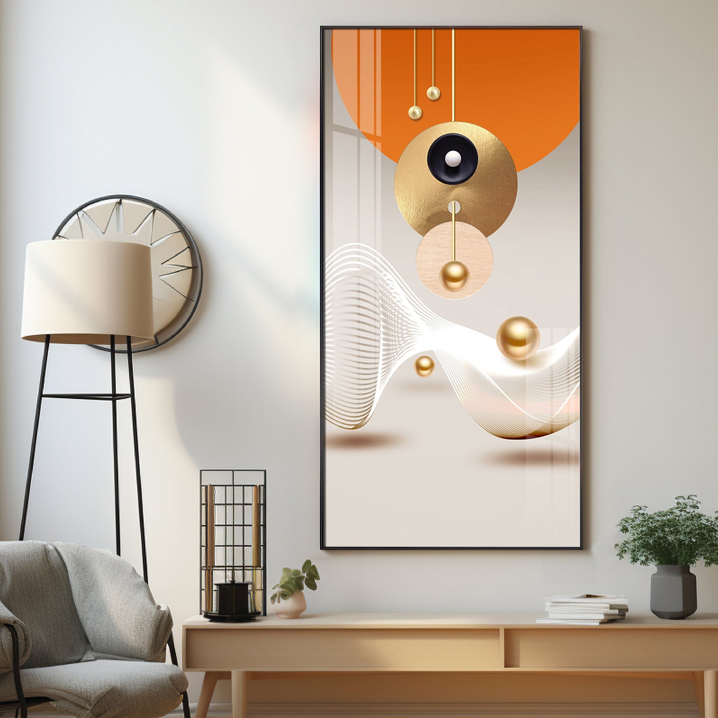 Golden Circle Geometry Glass Finish Vertical Wall Art