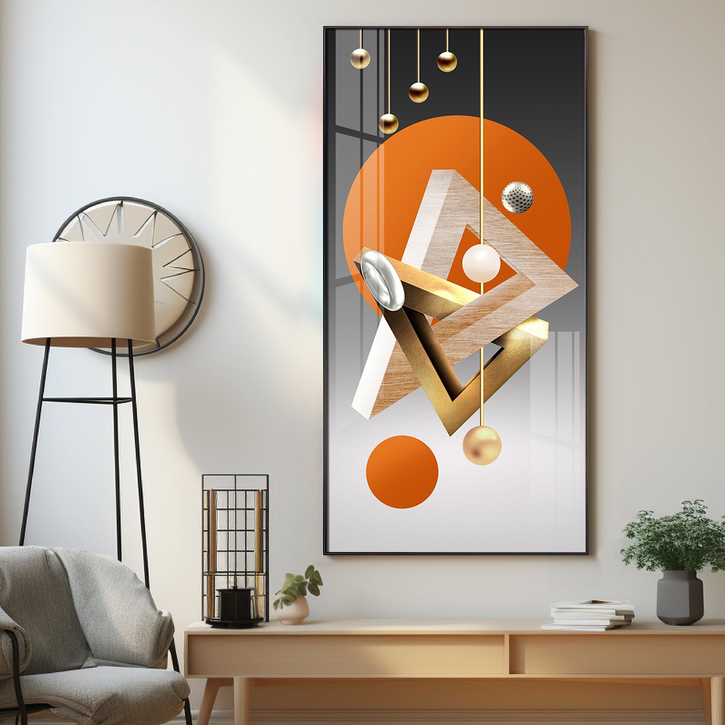 Triangular Geometry Glass Finish Vertical Wall Art