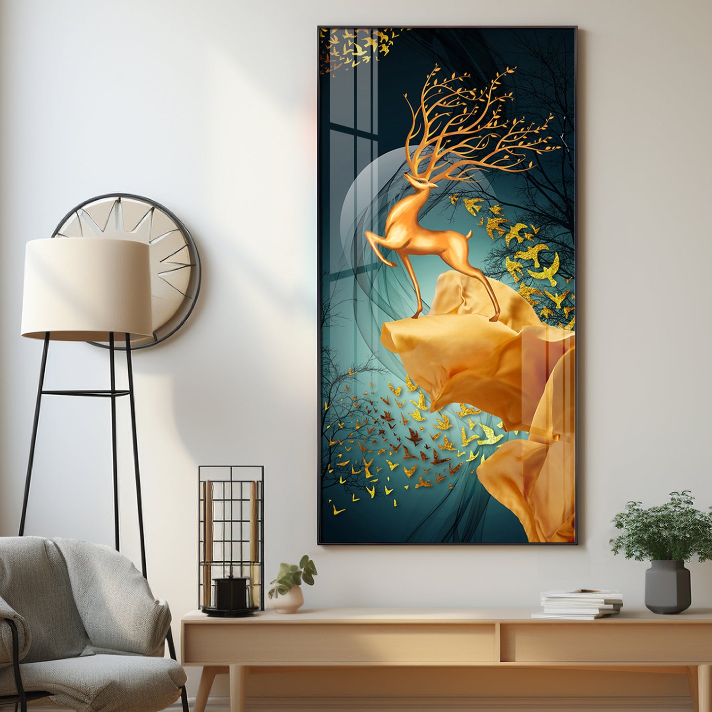 Golden Deer Jumping Glass Finish Vertical Wall Art