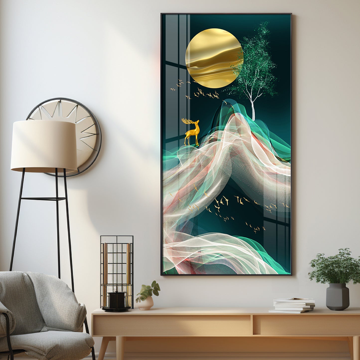 Deer with Golden Moon Glass Finish Vertical Wall Art