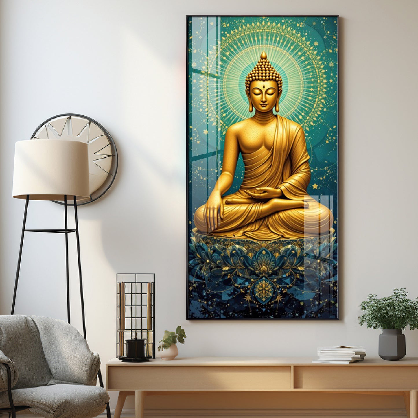 Golden Buddha's Energetic Wisdom Glass Finish Vertical Wall Art