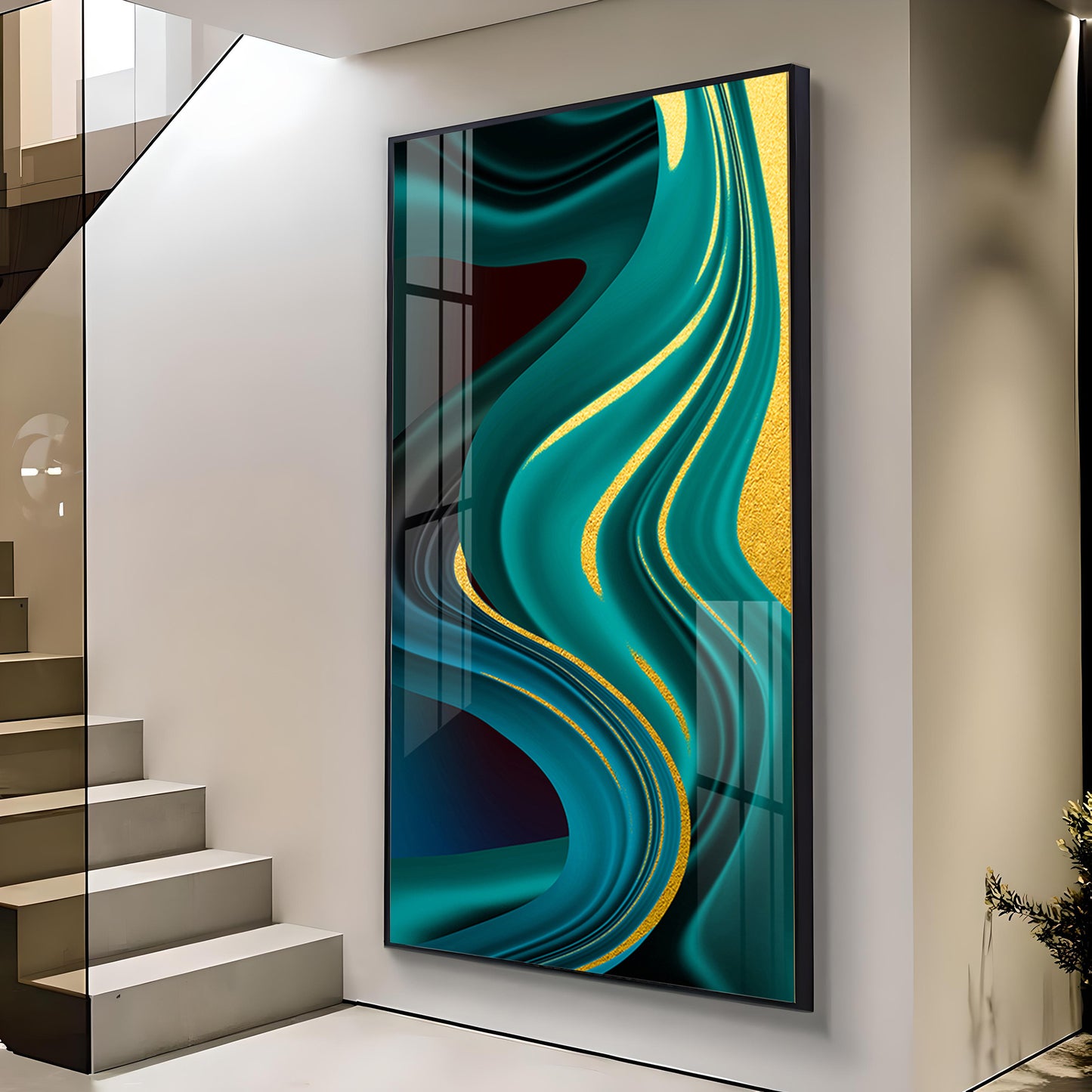Green Abstract Art Glass Finish Vertical Wall Art