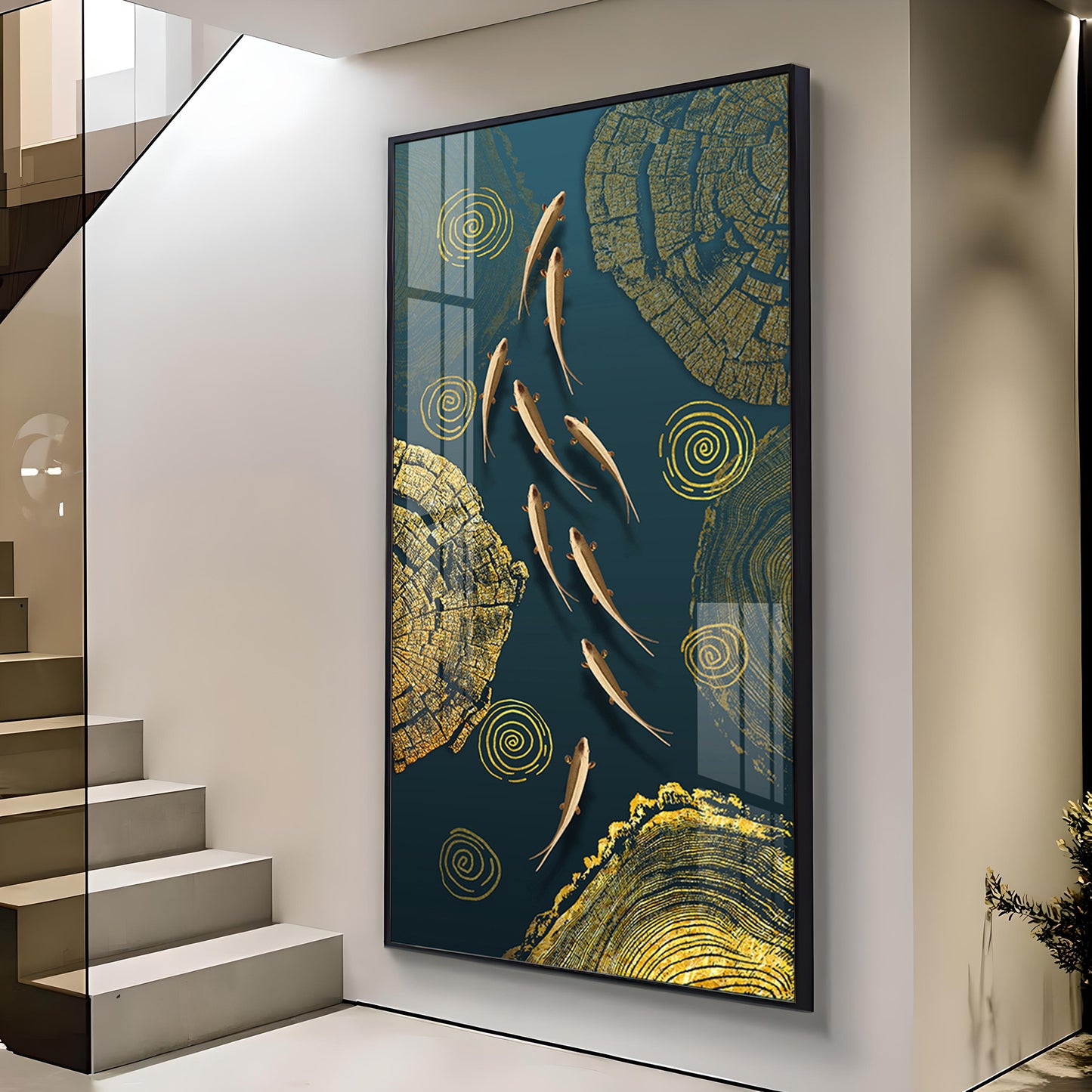 Green Koi Fishes Glass Finish Vertical Wall Art