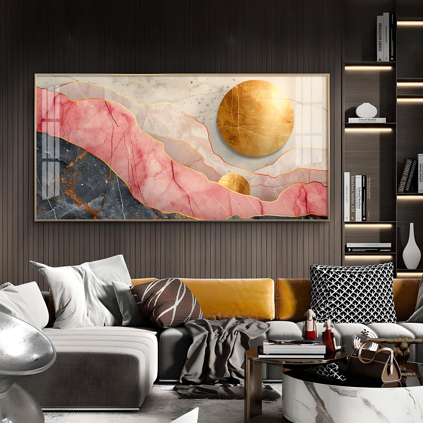 Pink and Gold Marble Stone Texture Glass Finish Horizontal Wall Art
