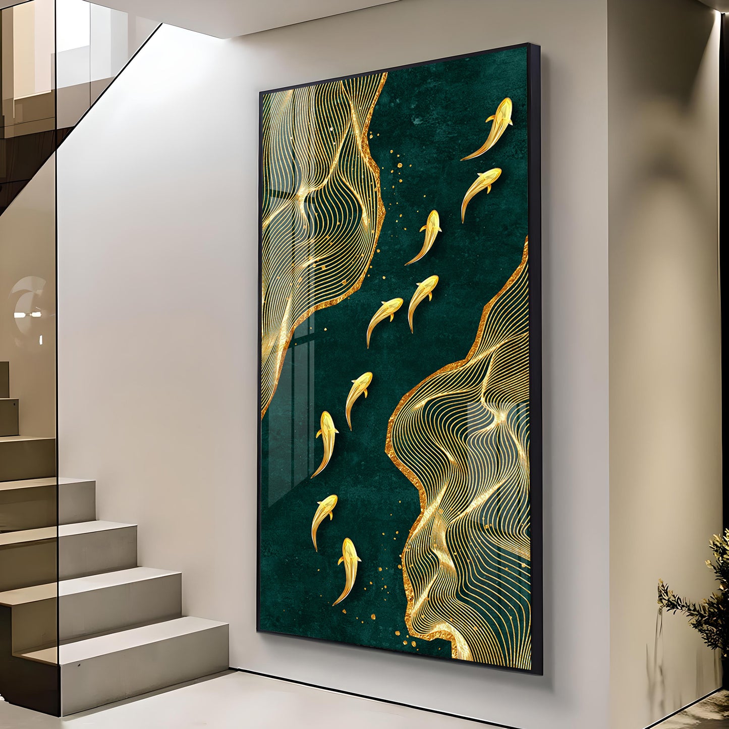 Oceanic Gold Fish Glass Finish Vertical Wall Art