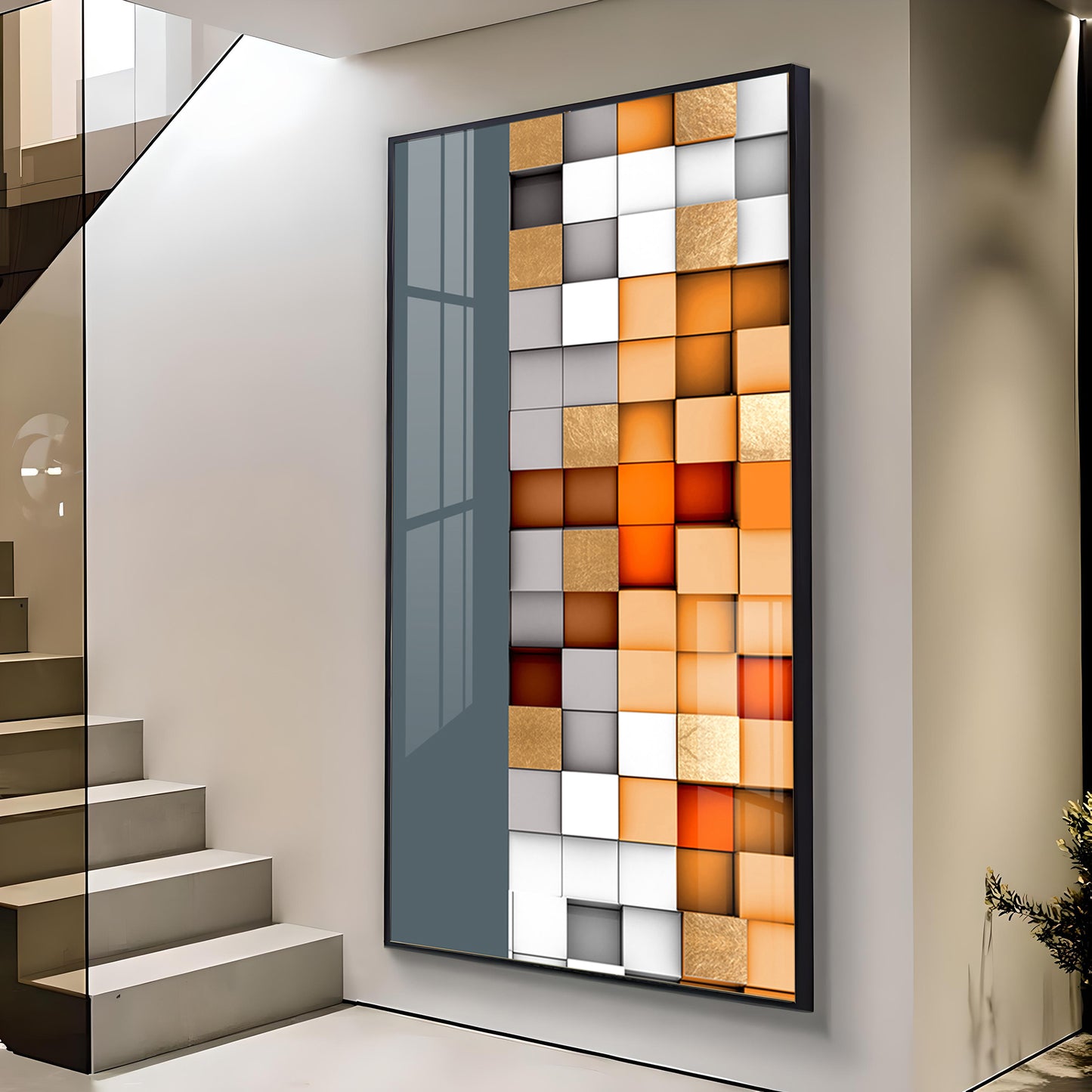 Multiple Abstract Blocks Glass Finish Vertical Wall Art