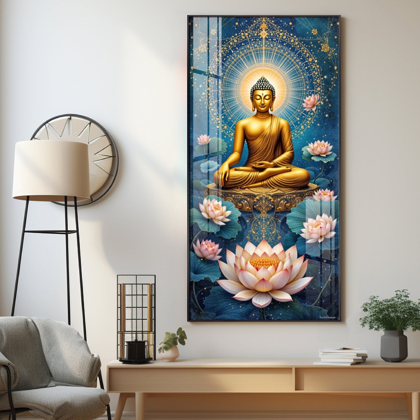 Meditating Buddha With White Lotus Glass Finish Vertical Wall Art