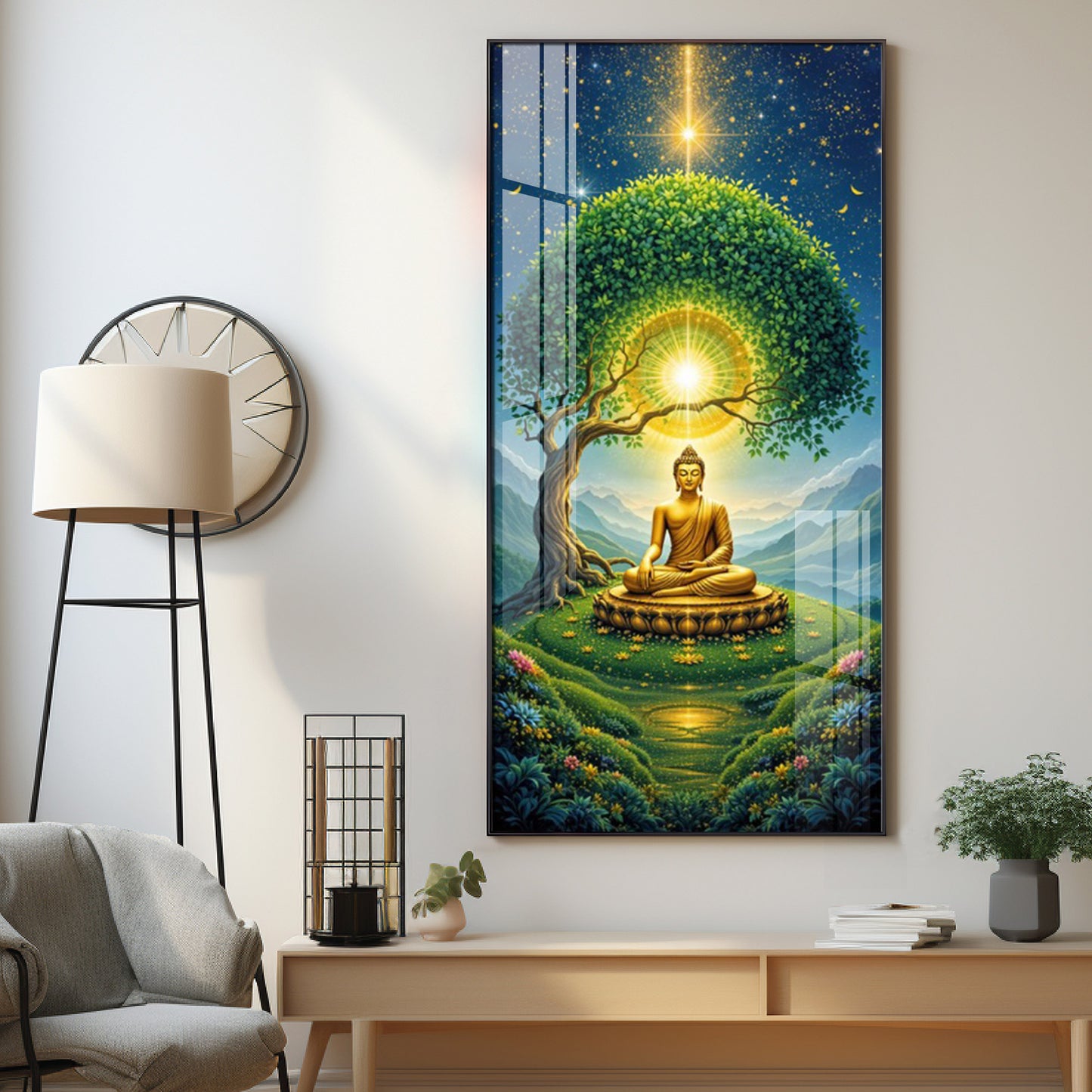 Meditating Buddha In Nature Glass Finish Vertical Wall Art