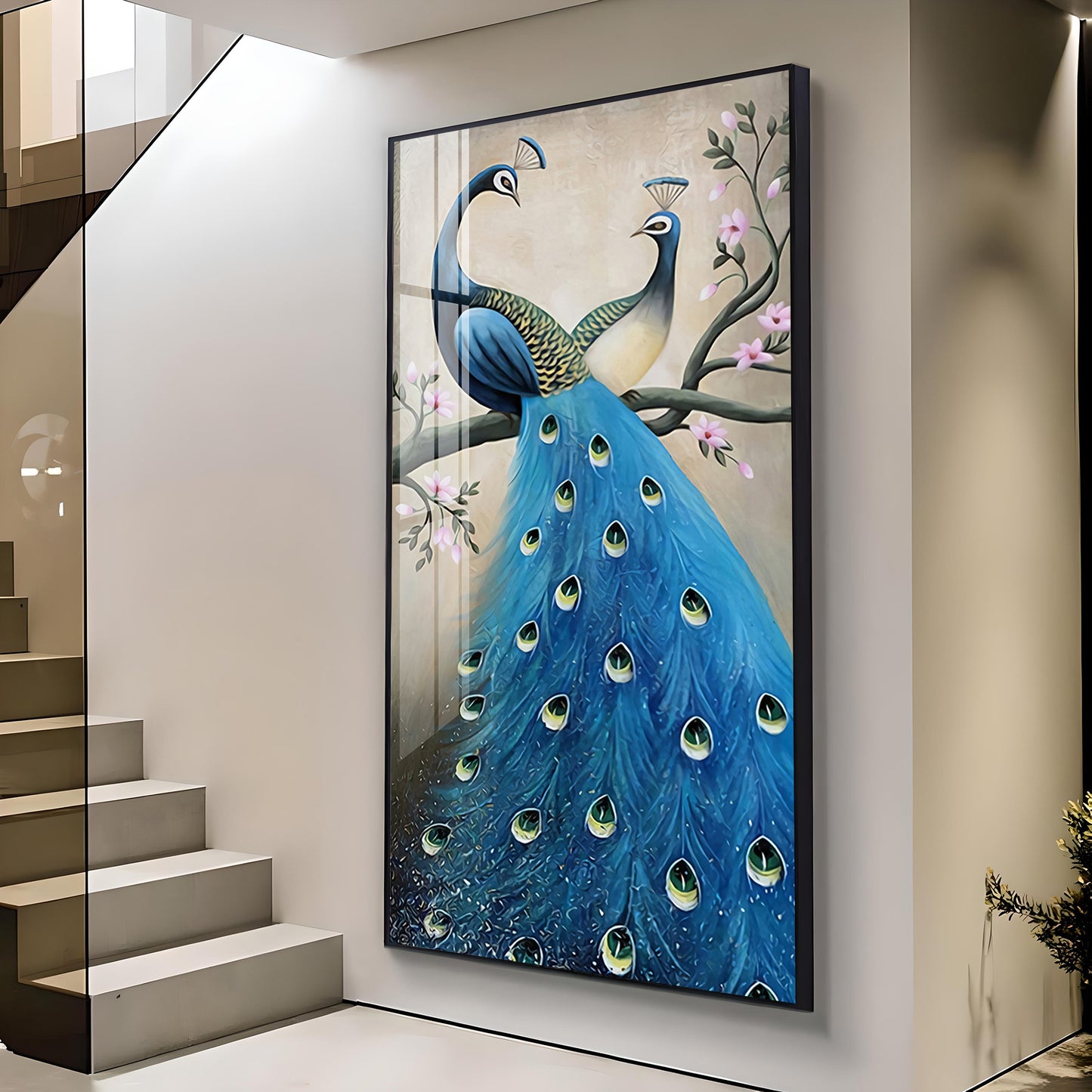 Dual Peacock Serenity Glass Finish Vertical Wall Art