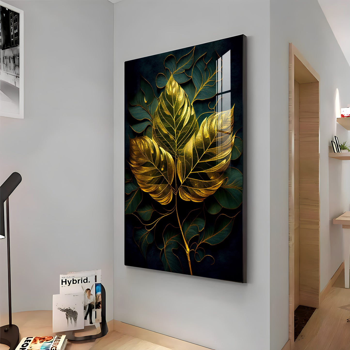 Golden Aura Leaf Glass Finish Vertical Wall Art