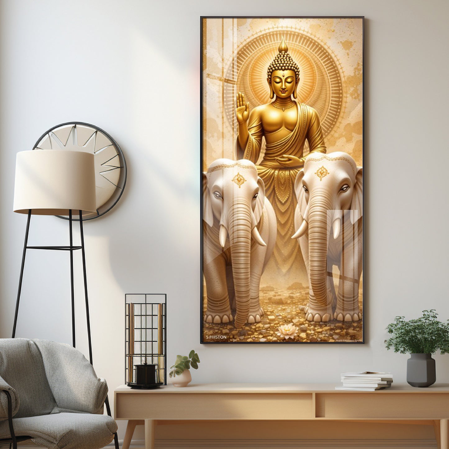 Meditating Budha With Alpha Elephant Glass Finish Vertical Wall Art