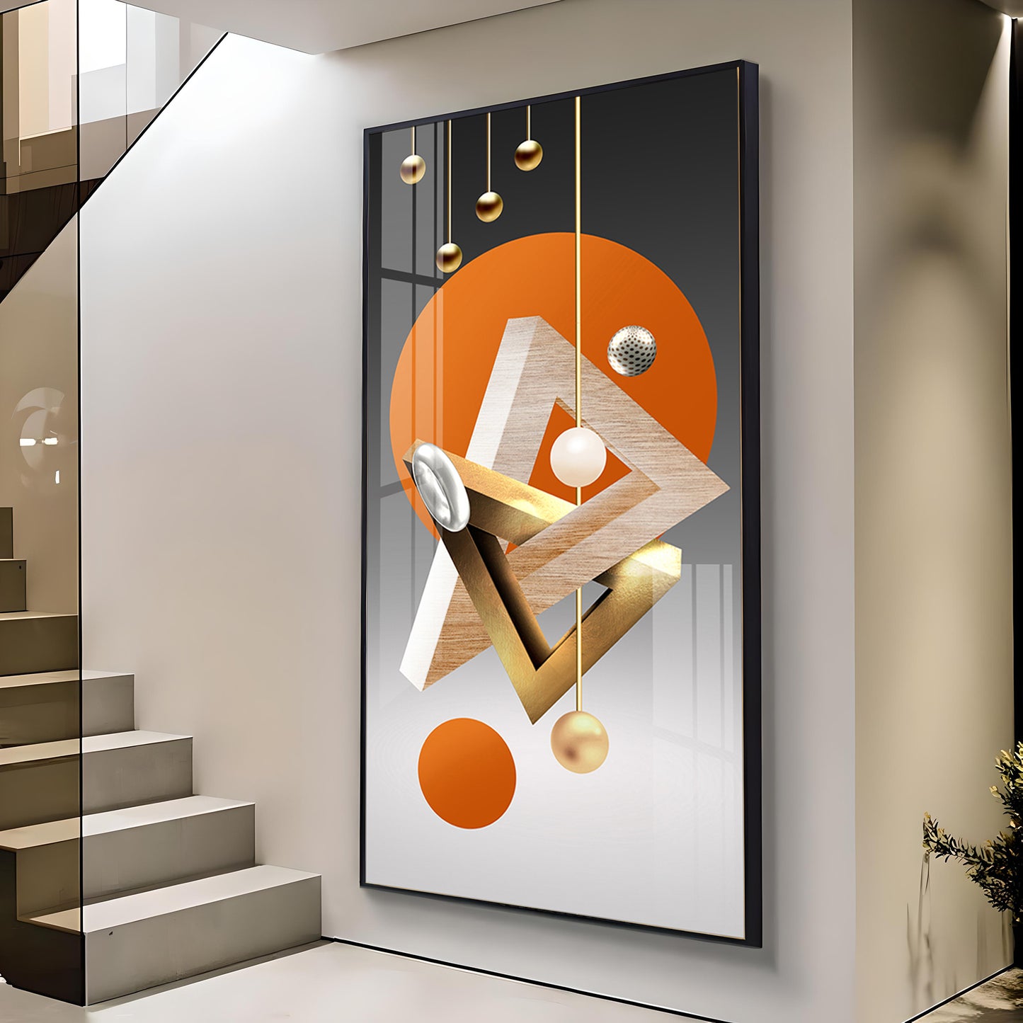 Triangular Geometry Glass Finish Vertical Wall Art