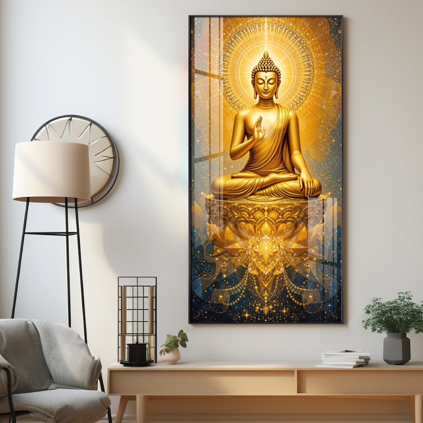 Golden Budha's Aura Glass Finish Vertical Wall Art