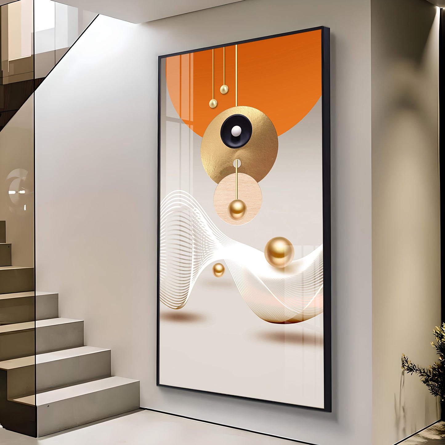 Golden Circle Geometry Glass Finish Vertical Wall Art
