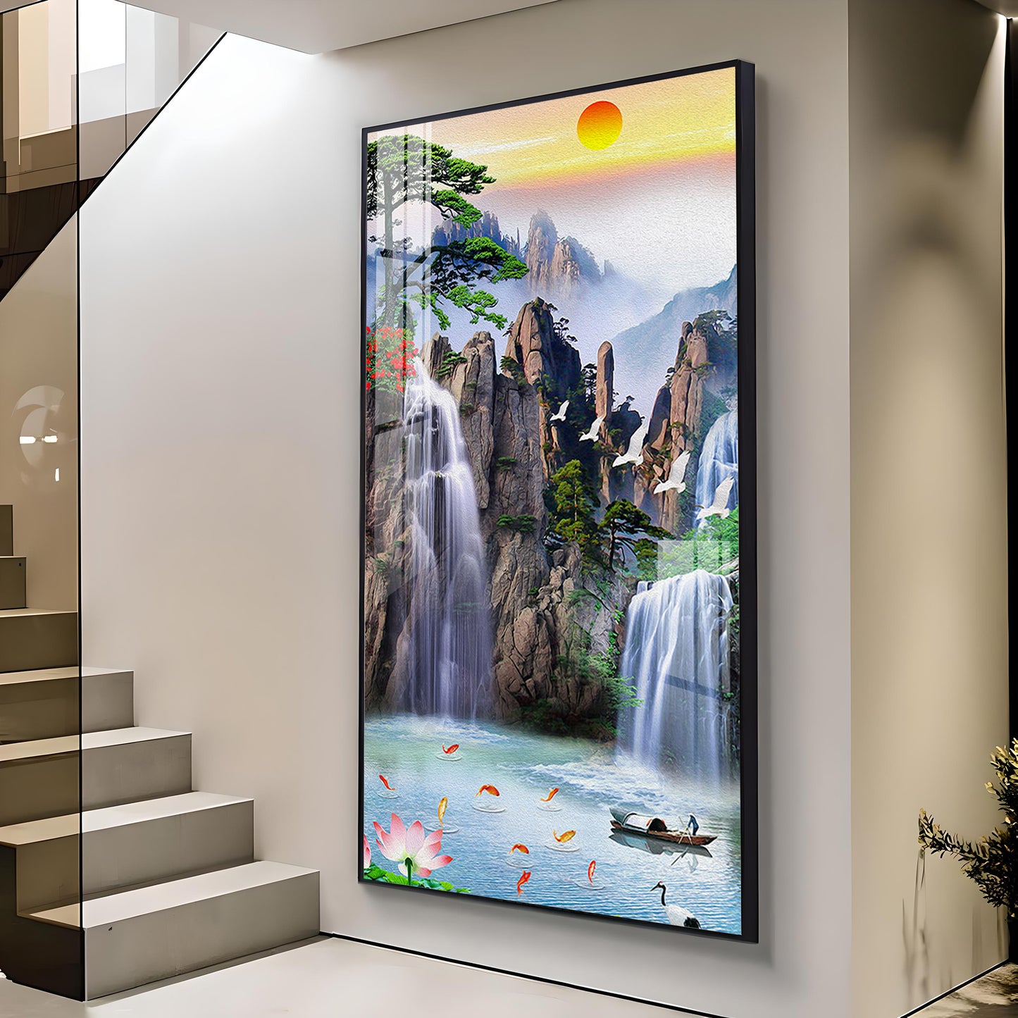 Portrait of Water and Birds Glass Finish Vertical Wall Art