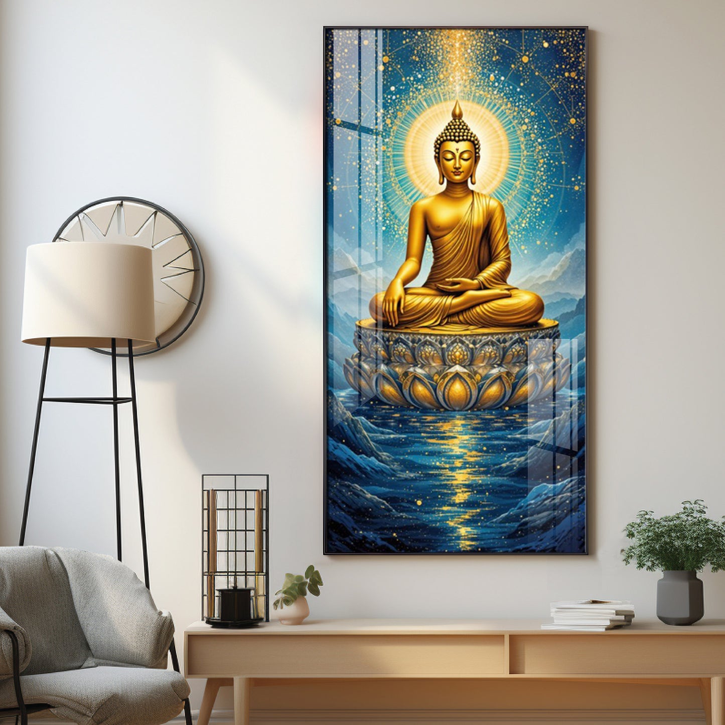 Calm Buddha In River Glass Finish Vertical Wall Art