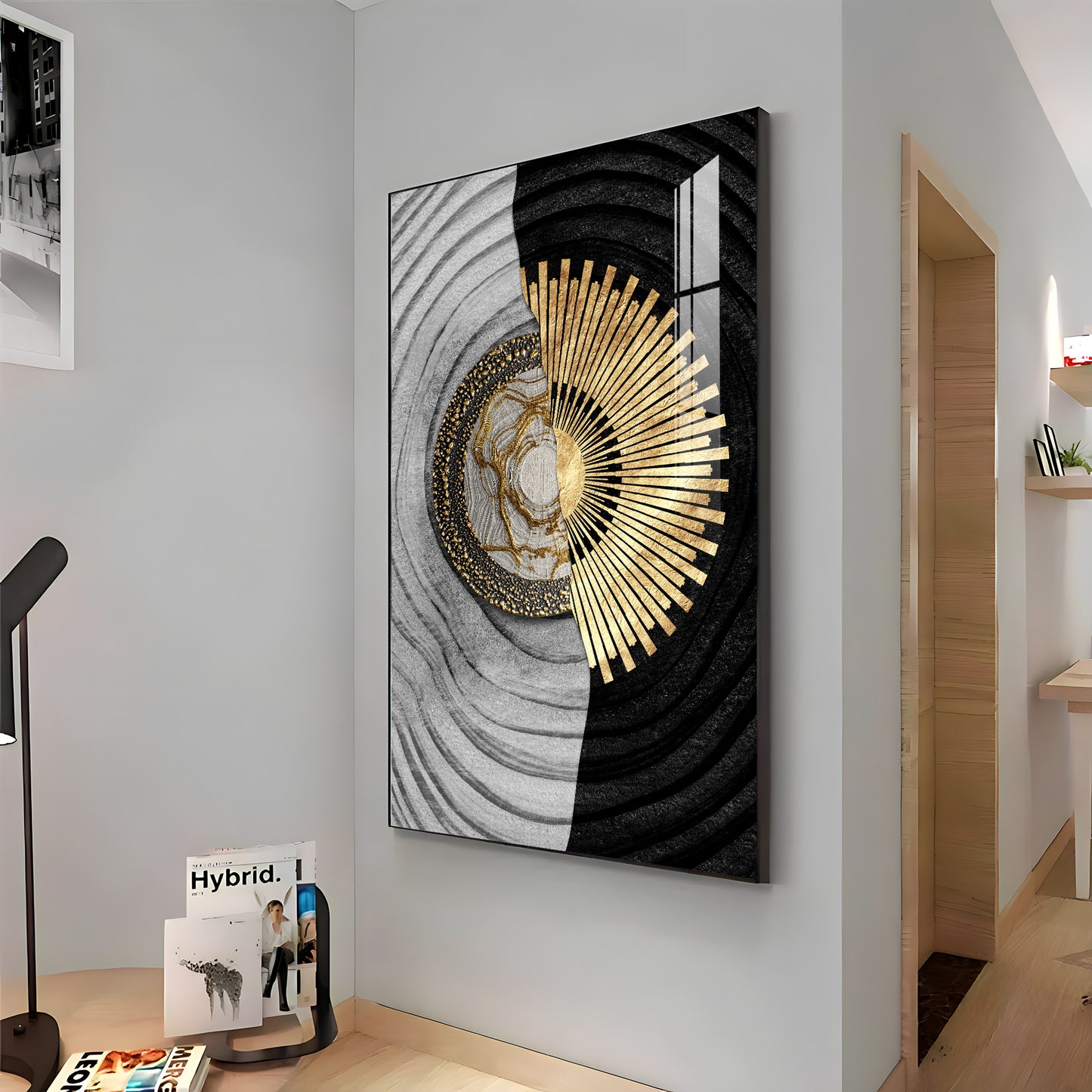 Golden Elegance Glass Finish Vertical Wall Art