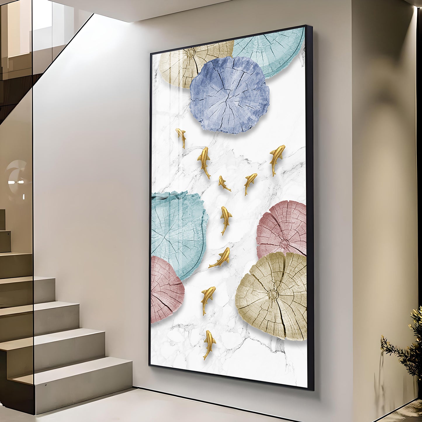 Golden Fish Umbrella Mosaic Glass Finish Vertical Wall Art