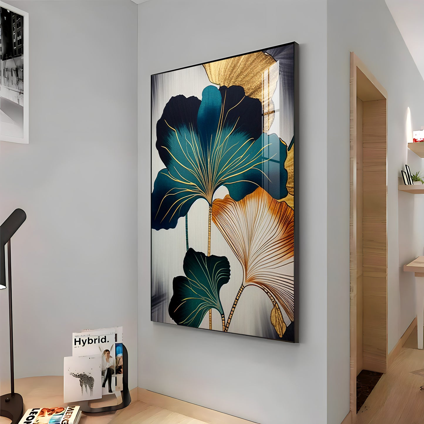 Green And White Petals Glass Finishh Vertical Wall Art
