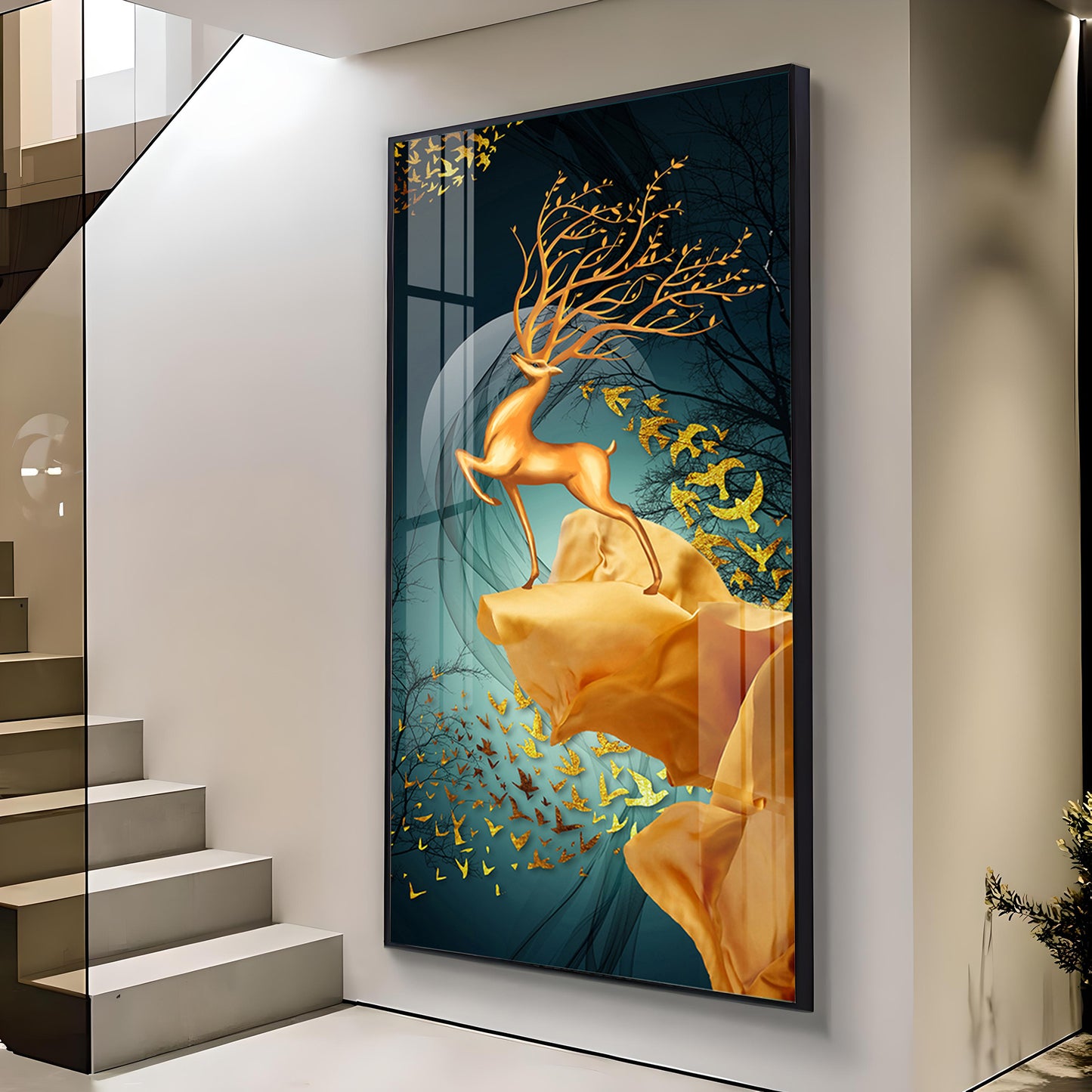 Golden Deer Jumping Glass Finish Vertical Wall Art