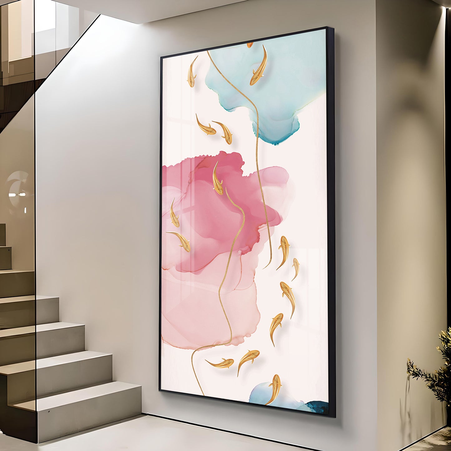 Pink and Blue Floral Glass Finish Vertical Wall Art