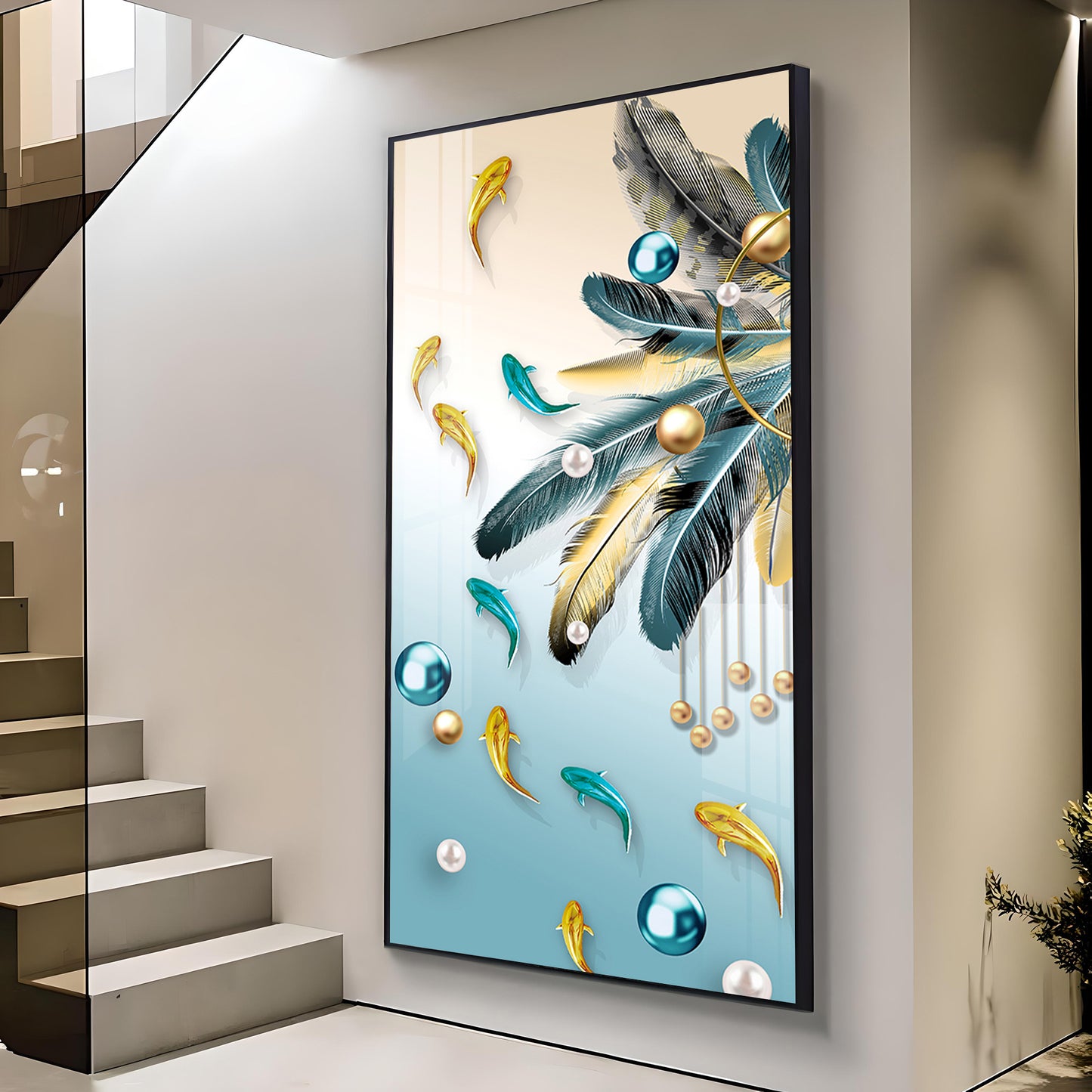 Majestic Blue-Gold Bird Glass Finish Vertical Wall Art