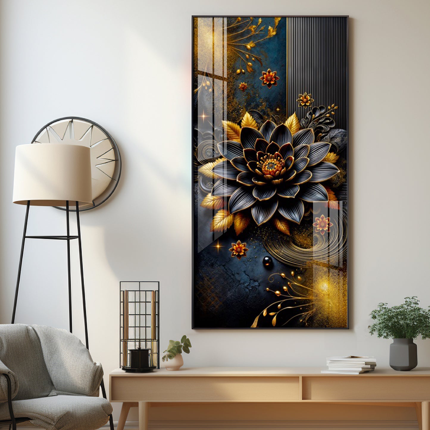 Surreal Black Flower Glass Finish Vertical Wall Art