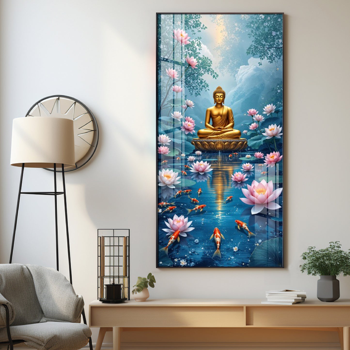 Meditating Budha With Lotus Glass Finish Vertical Wall Art