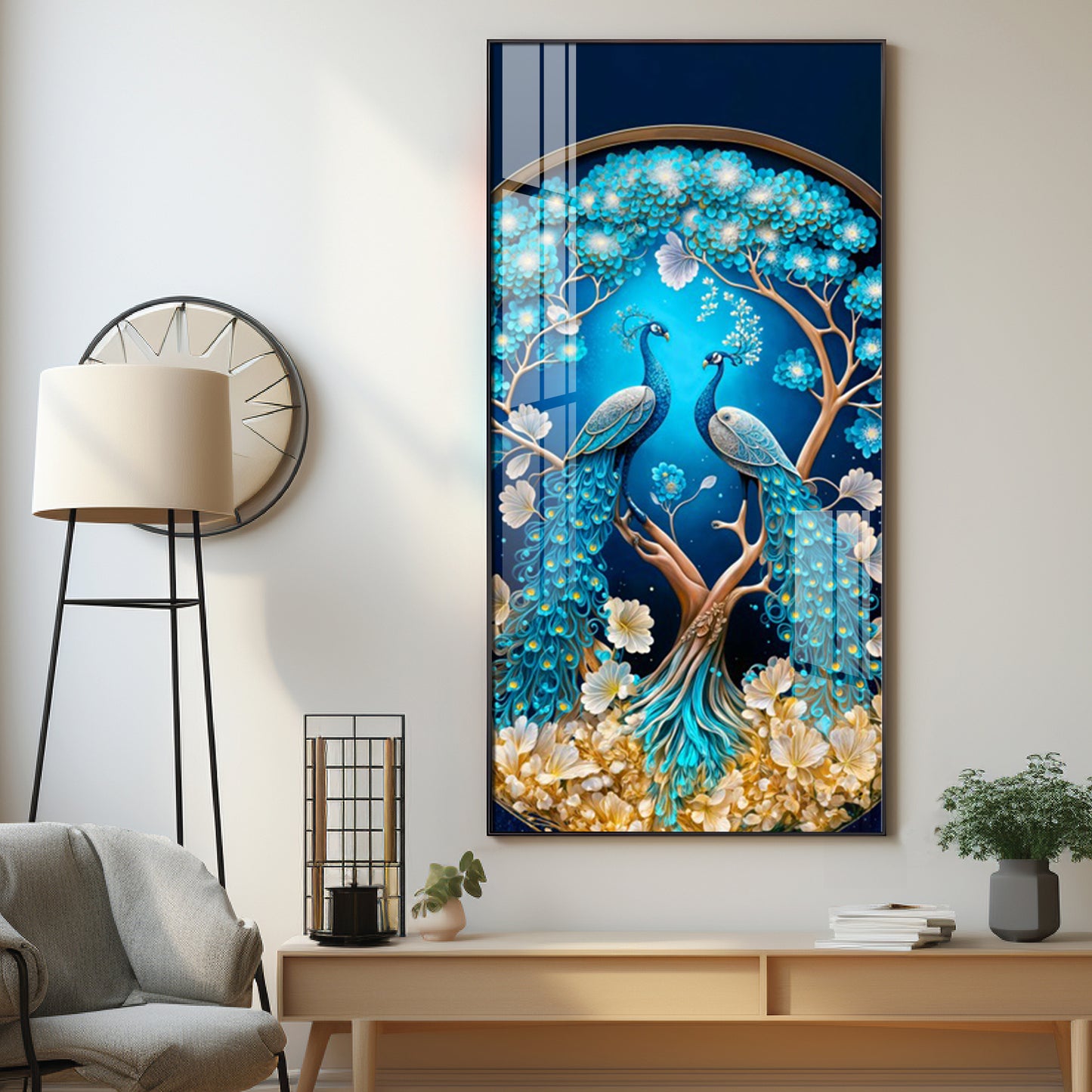 Peacock On Tree Branch Glass Finish Vertical Wall Art