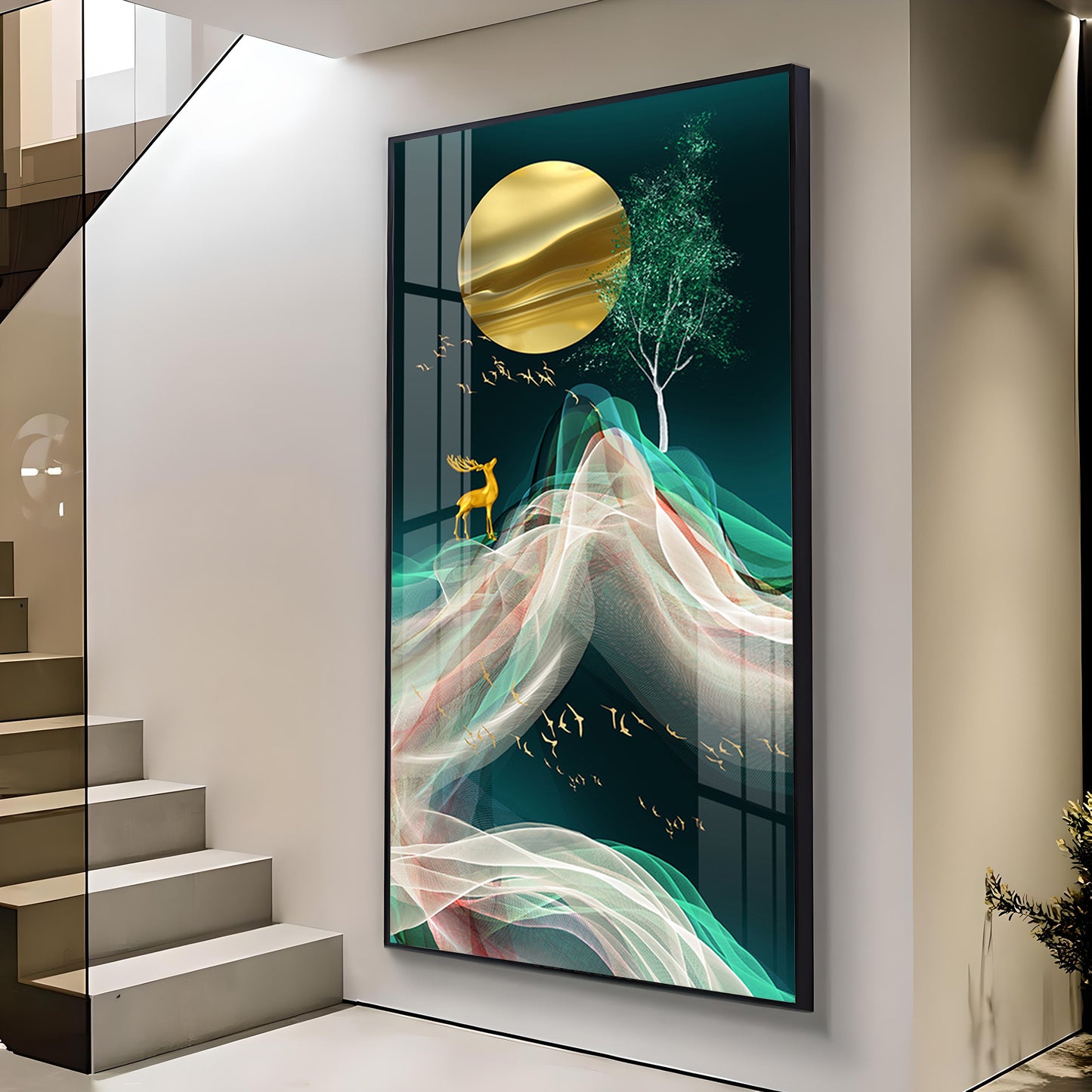 Deer with Golden Moon Glass Finish Vertical Wall Art