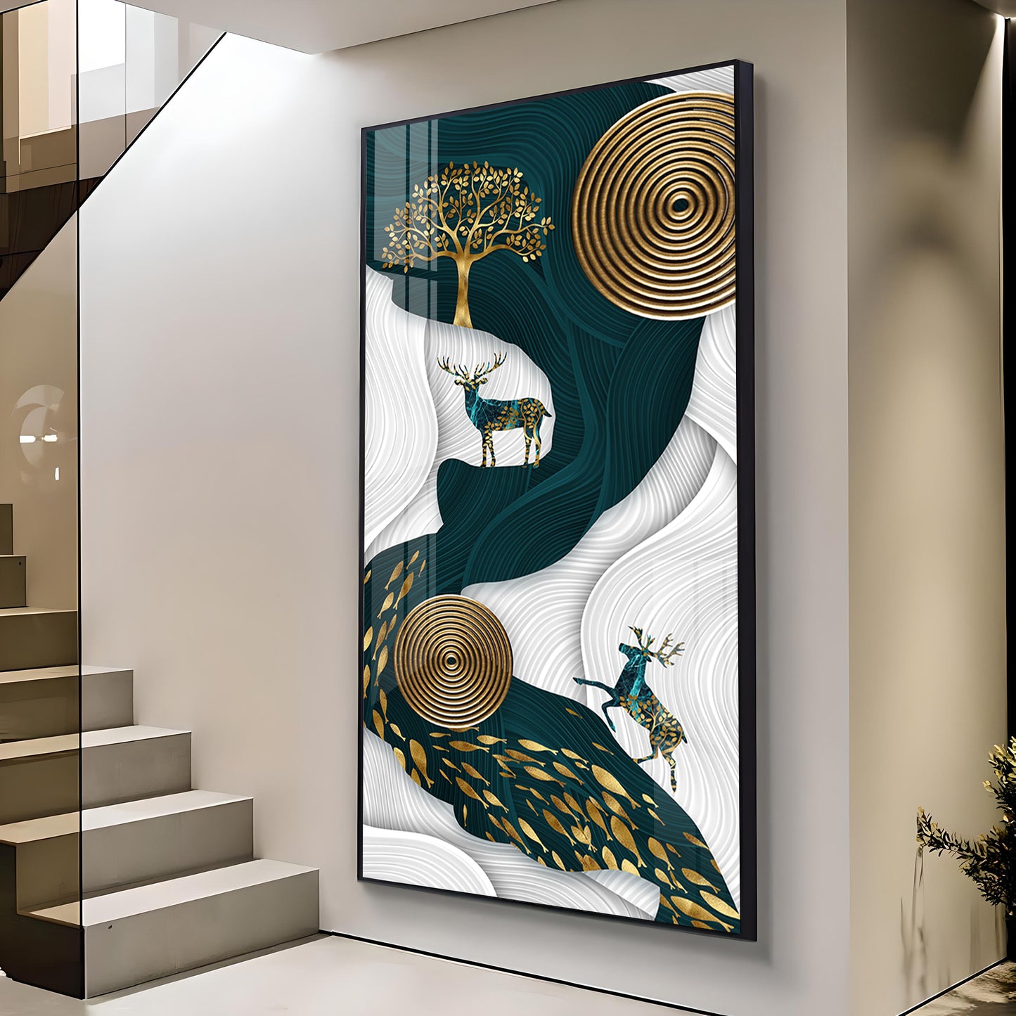 Deer and Tree Glass Finish Vertical Wall Art