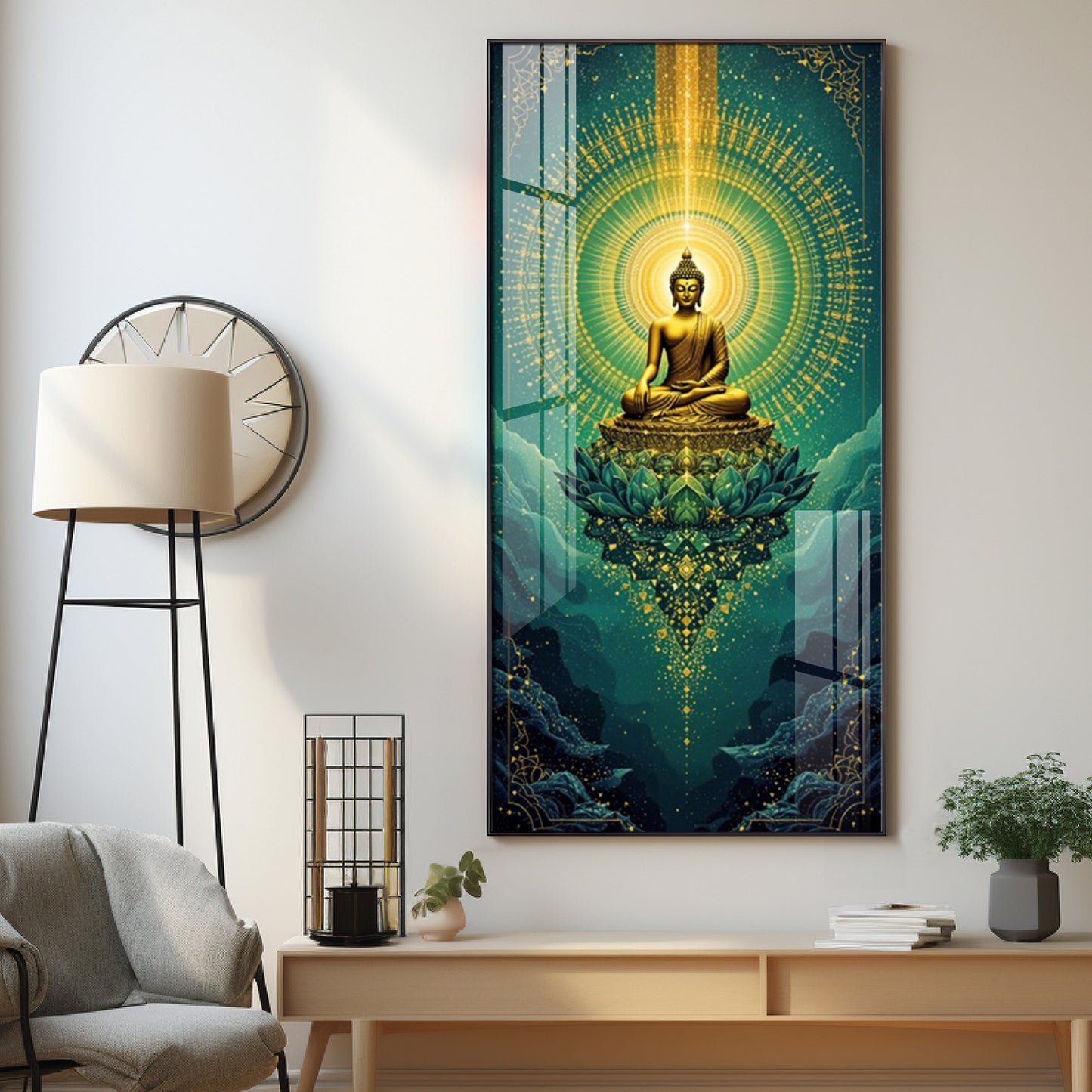 Surreal Energy Of Budha Glass Finish Vertical Wall Art