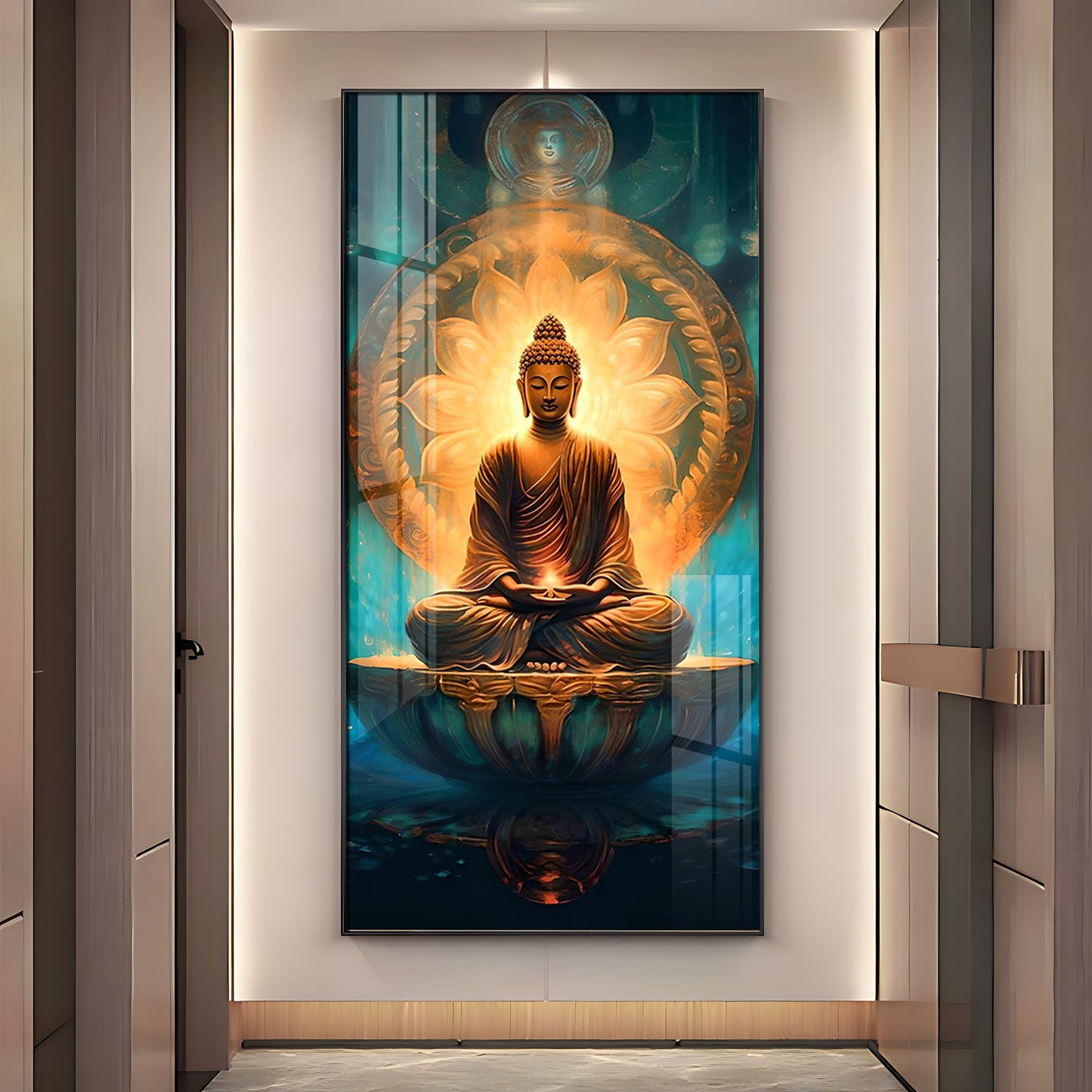 Buddha's Peaceful Retreat Glass Finish Vertical Wall Art