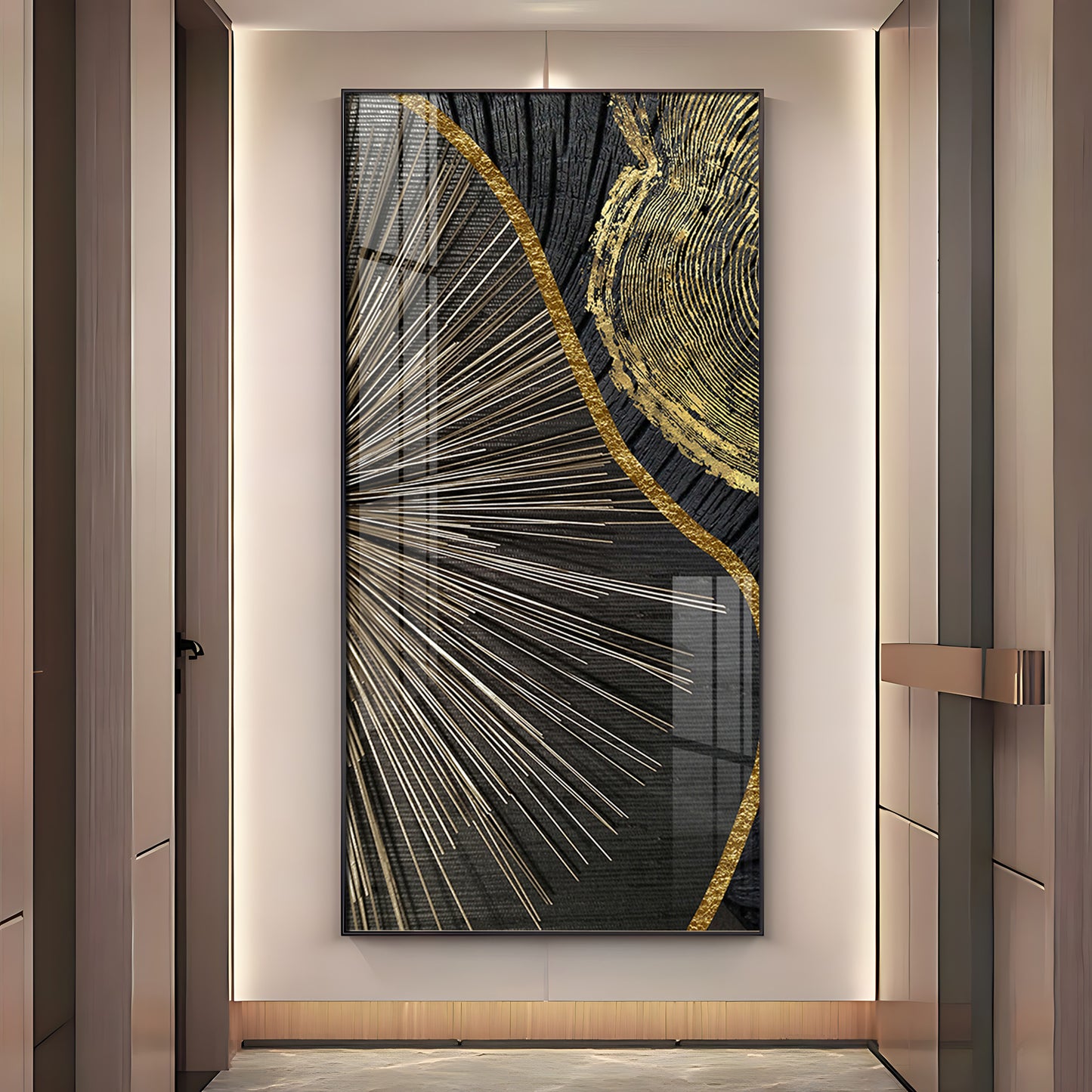 Golden Abyss Glass Finish Vertical Wall Art