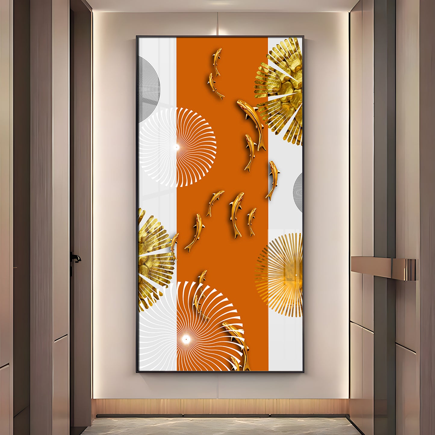 Orange And White Elegance Glass Finish Vertical Wall Art