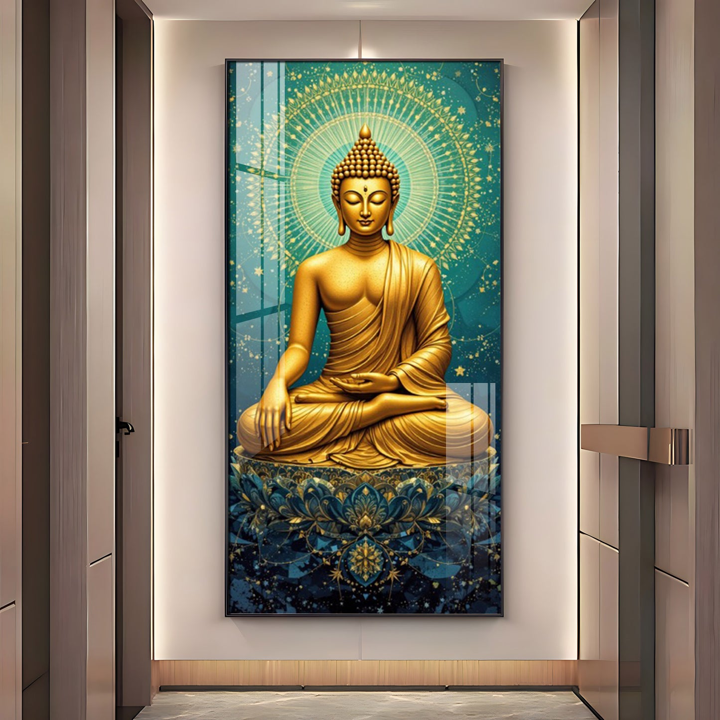 Golden Buddha's Energetic Wisdom Glass Finish Vertical Wall Art