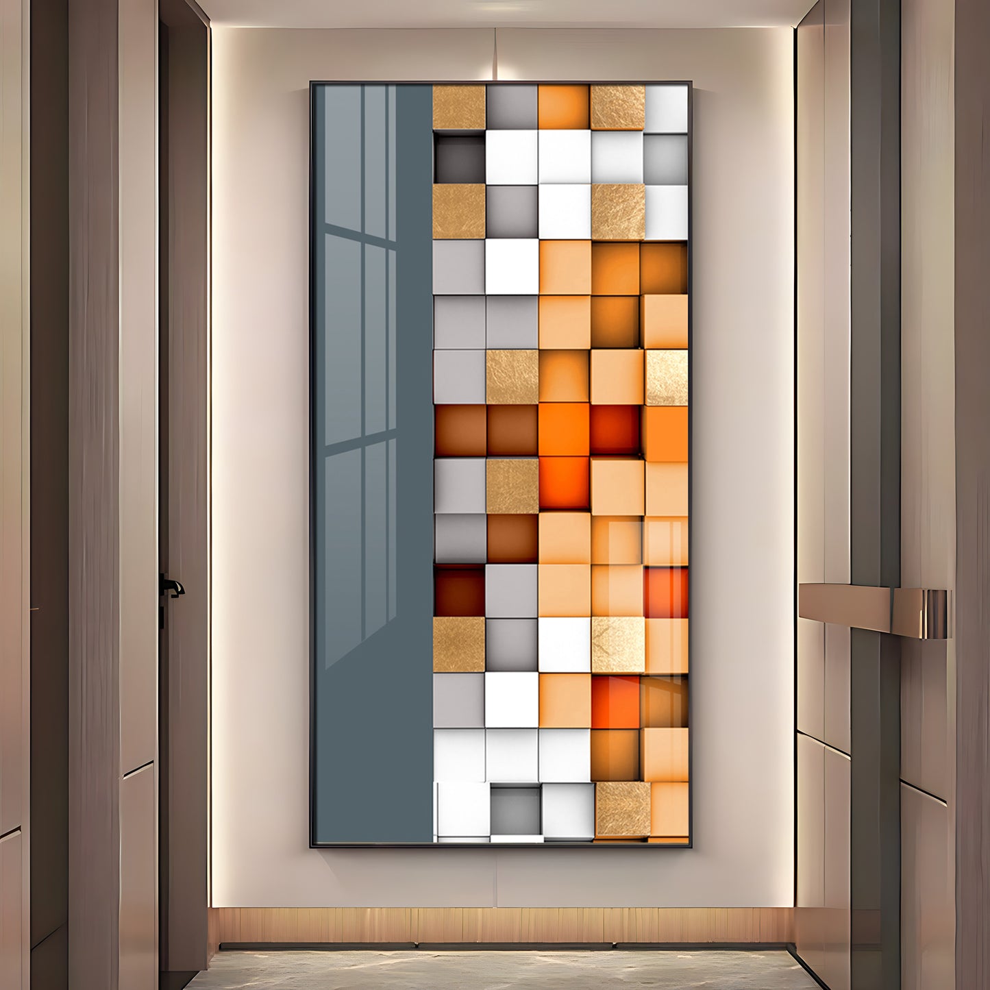 Multiple Abstract Blocks Glass Finish Vertical Wall Art