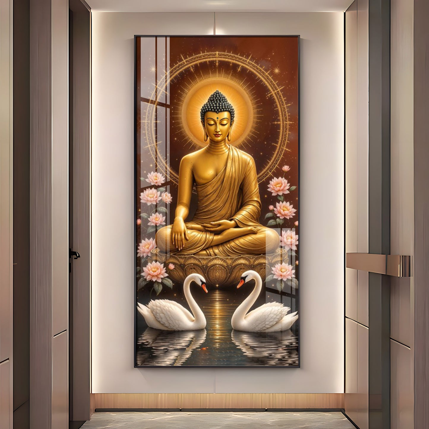 Meditating Budha With Swarn Glass Finish Vertical Wall Art