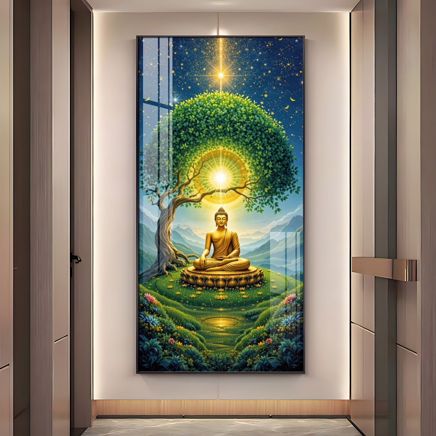 Meditating Buddha In Nature Glass Finish Vertical Wall Art