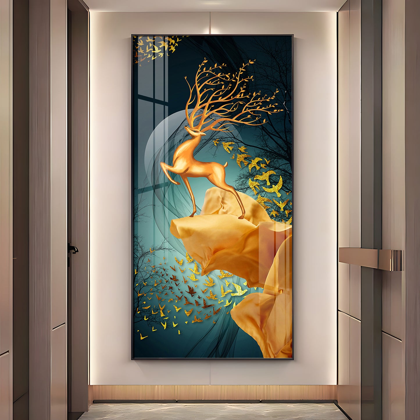 Golden Deer Jumping Glass Finish Vertical Wall Art