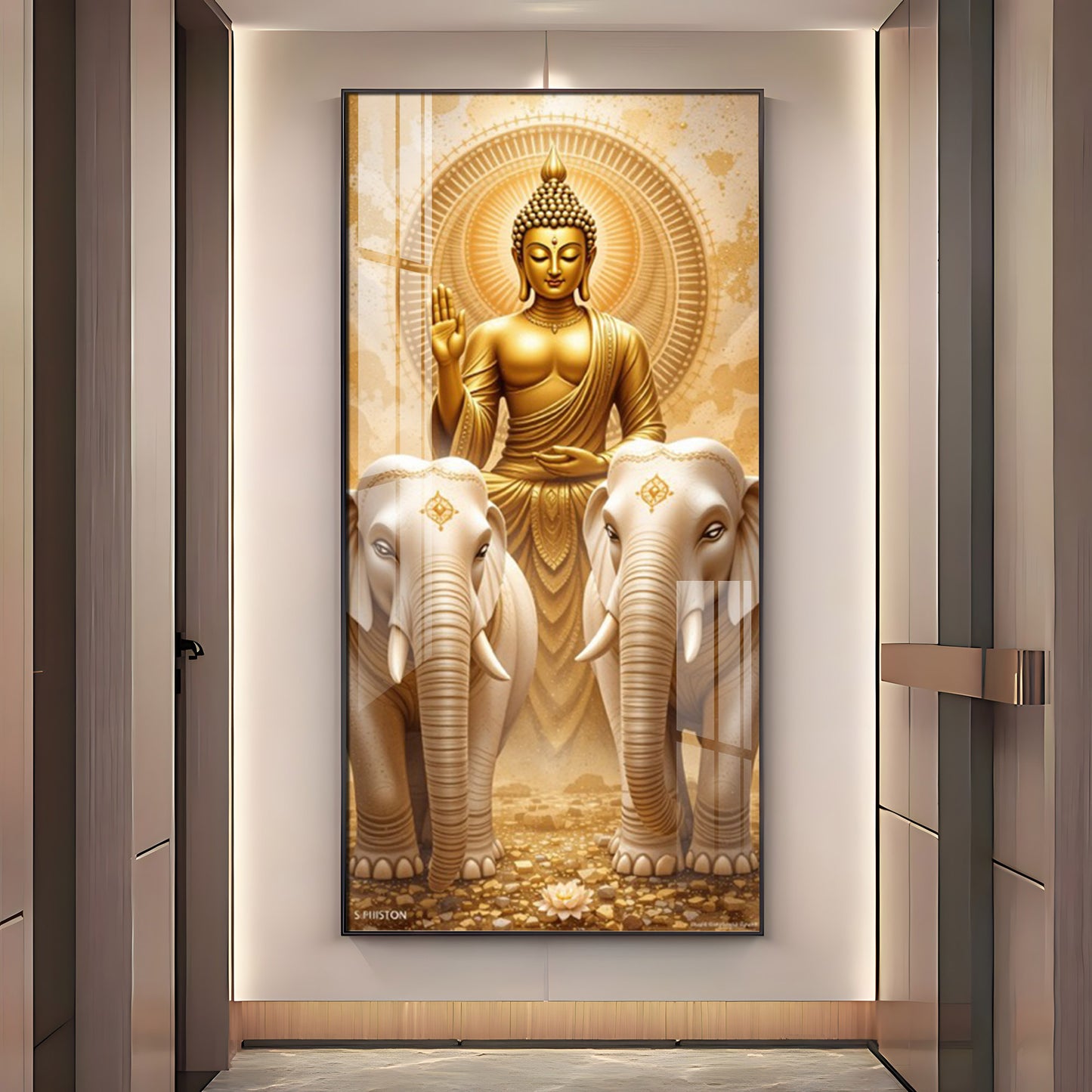 Meditating Budha With Alpha Elephant Glass Finish Vertical Wall Art