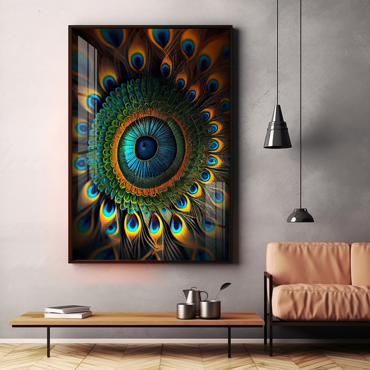 Peacock Prism Glass Finish Vertical Wall Art