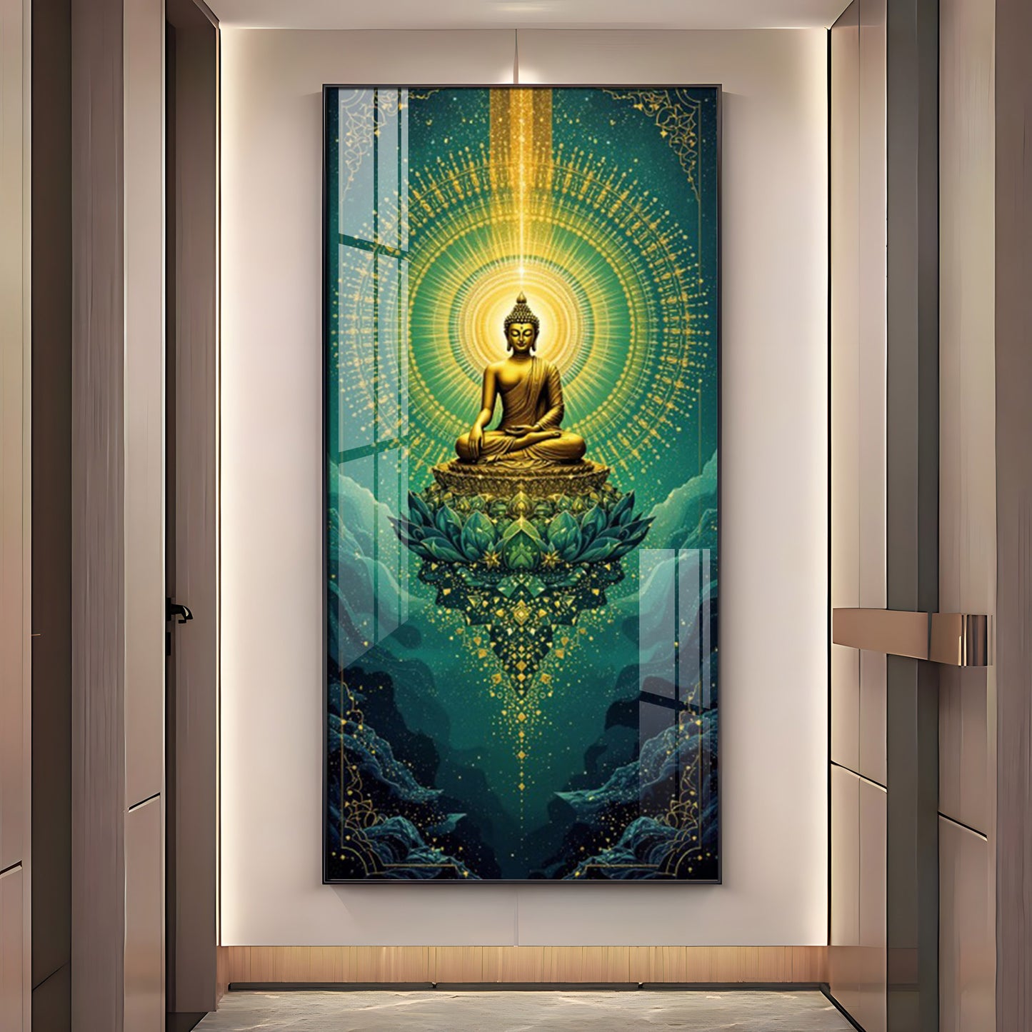 Surreal Energy Of Budha Glass Finish Vertical Wall Art