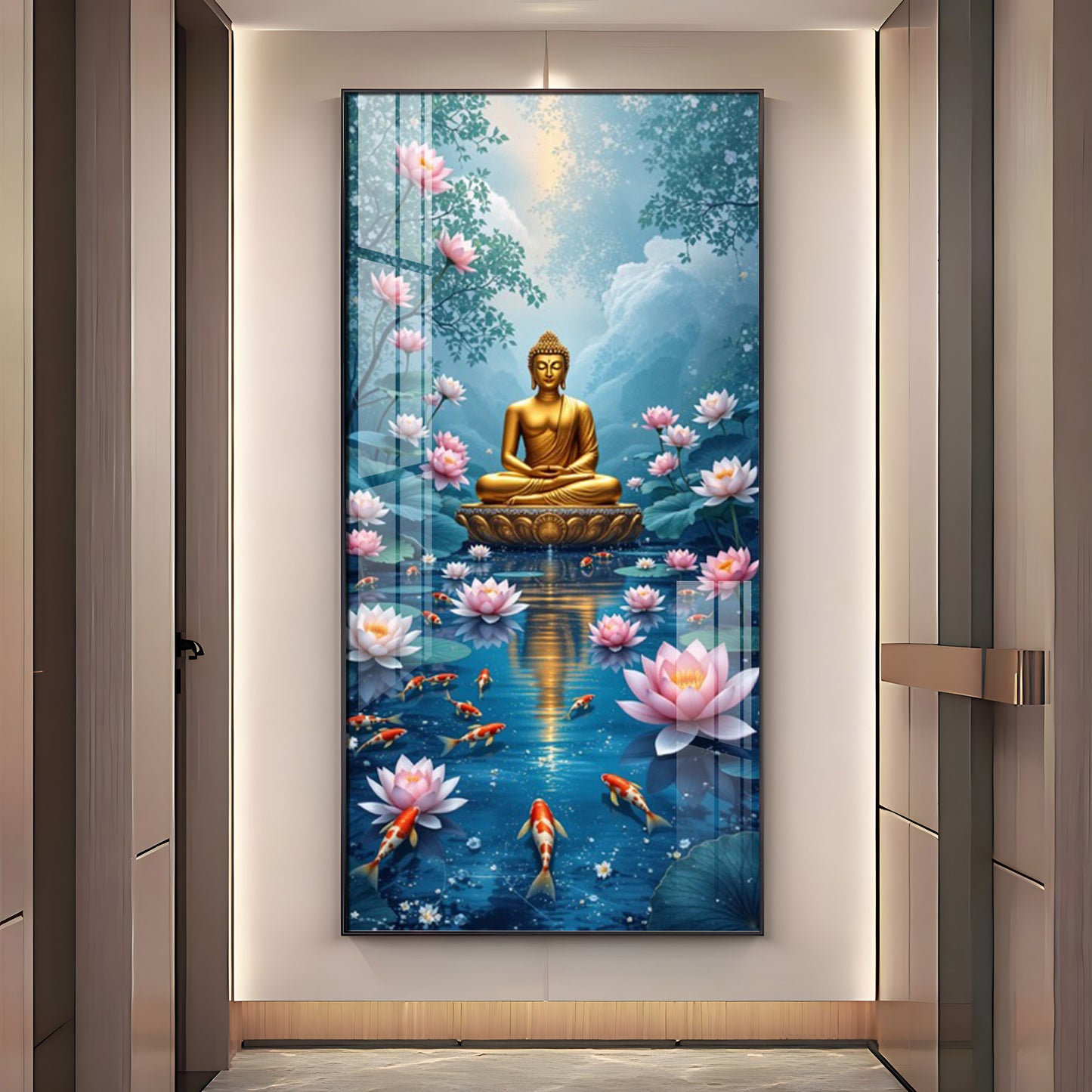 Meditating Budha With Lotus Glass Finish Vertical Wall Art