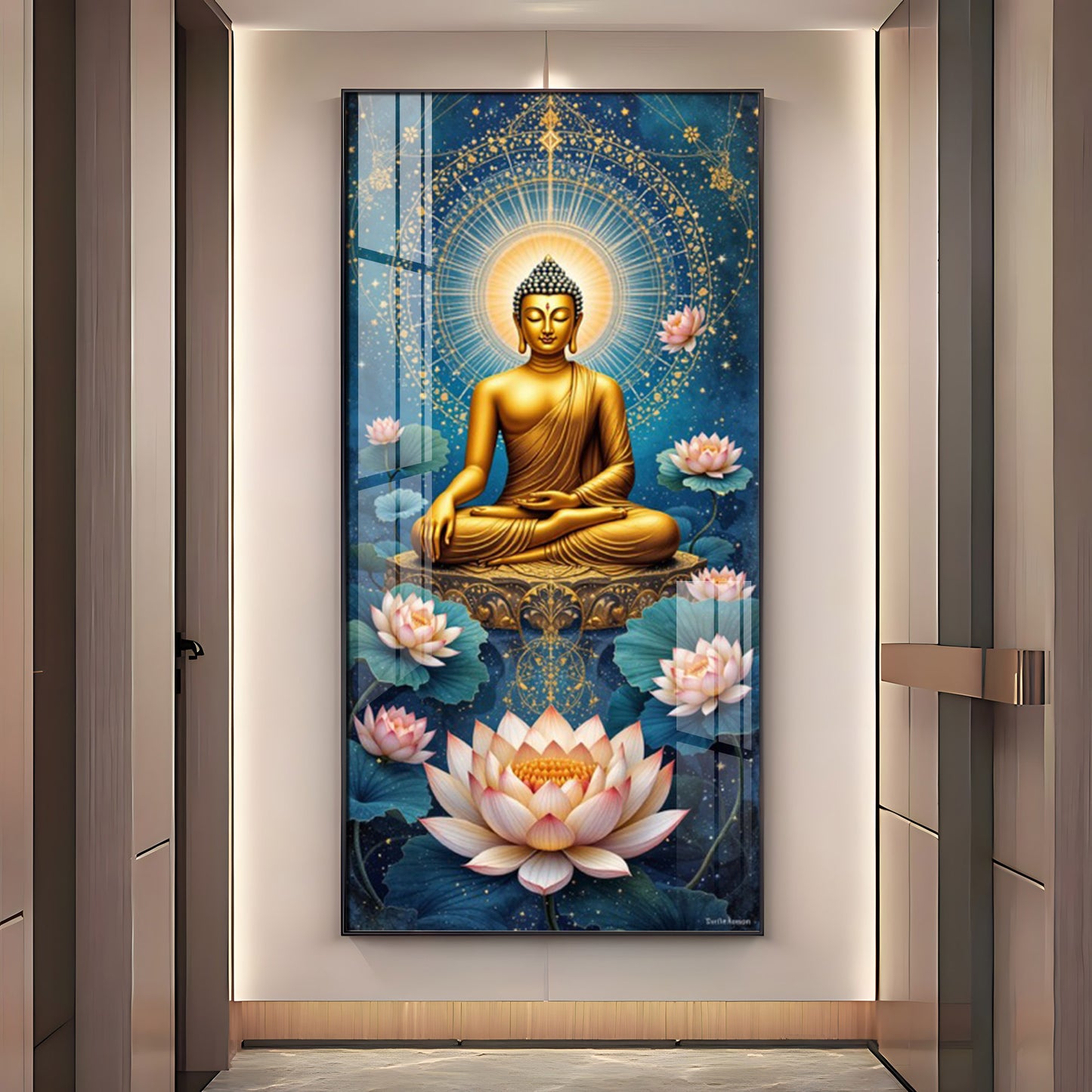 Meditating Buddha With White Lotus Glass Finish Vertical Wall Art