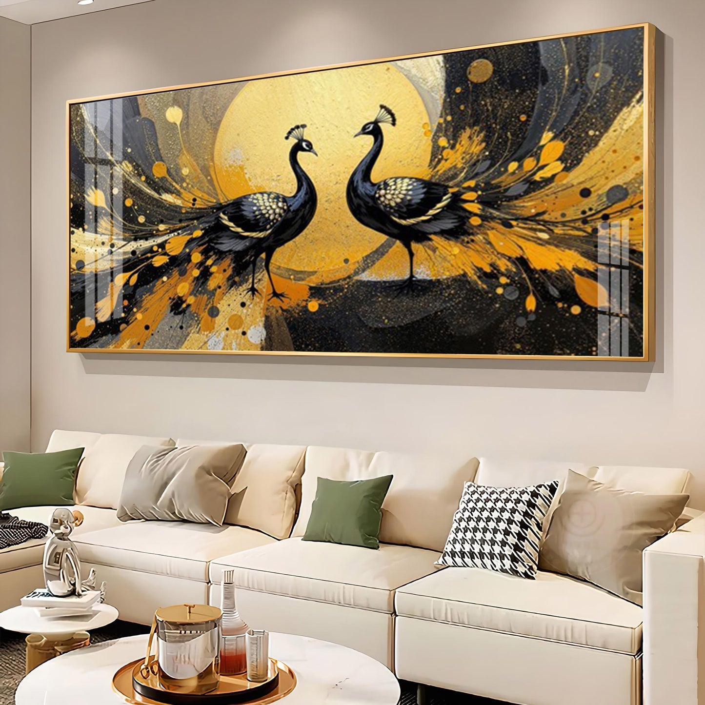 Abstract Two Peacock Looking Each Other Glass Finish Horizontal Wall Art