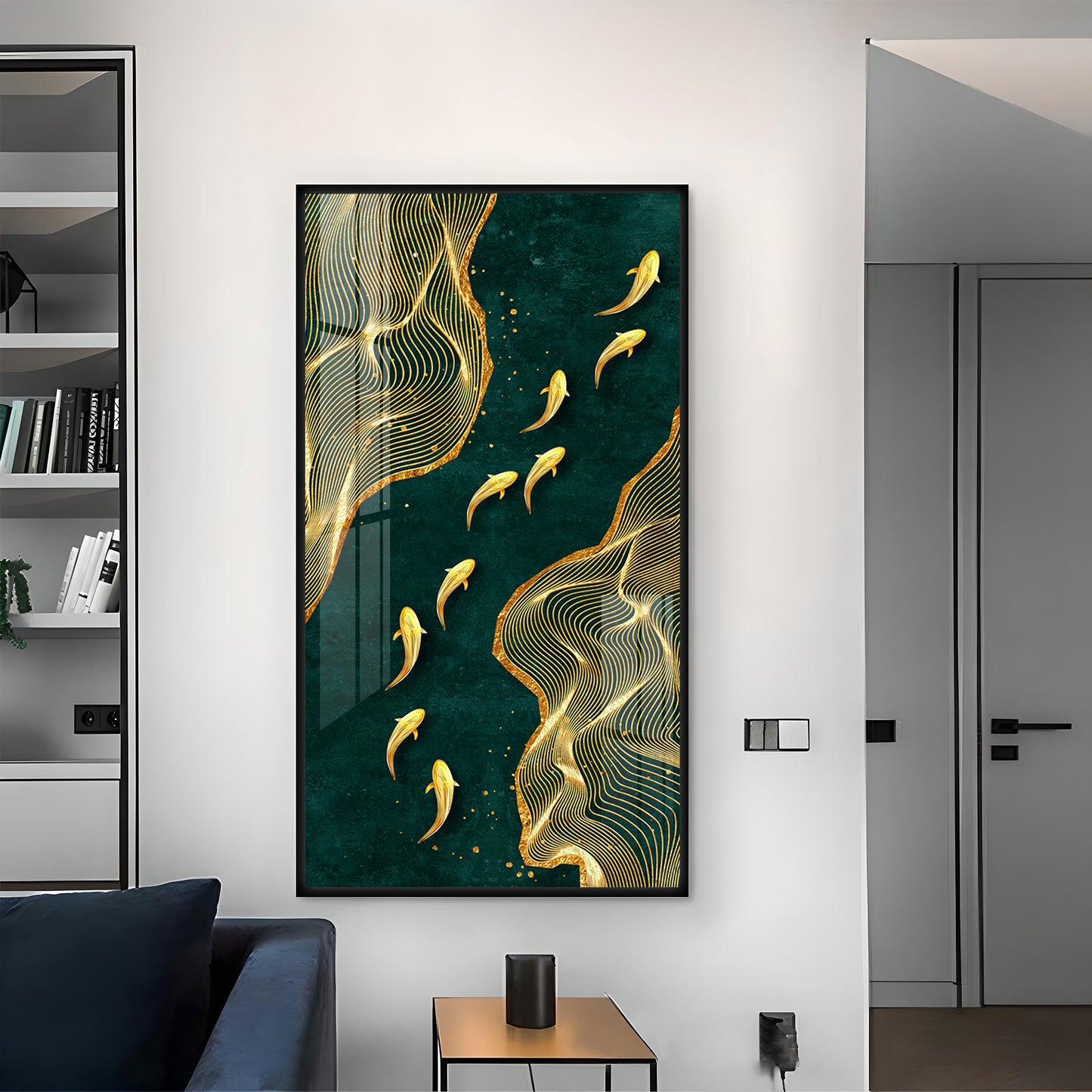 Oceanic Gold Fish Glass Finish Vertical Wall Art