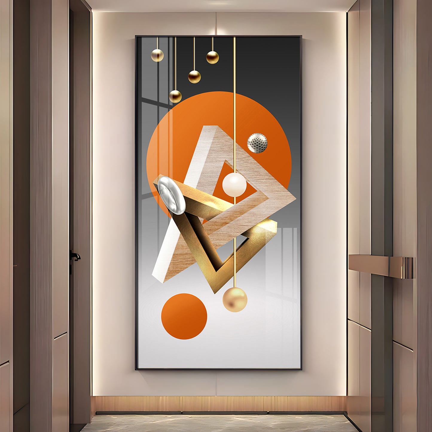 Triangular Geometry Glass Finish Vertical Wall Art